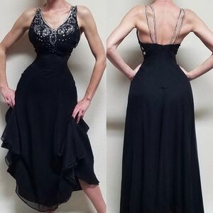 Vintage 70s Upcycled Dramatic Black Chiffon Silver Sequin Beaded Salsa Dress Med